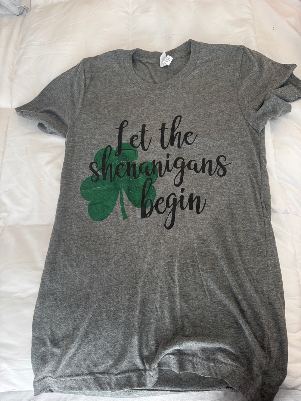 Bella Canvas Gray Tee with Green Shamrock "Let the Shenanigans Begin"